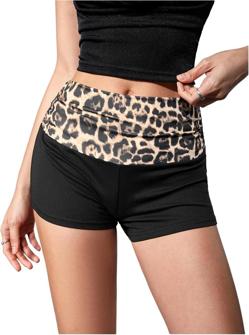 Women's Elastic Waist Skinny Mini Shorts Casual Low Rise Y2K Shorts Lounge (Medium, Black Leopard)