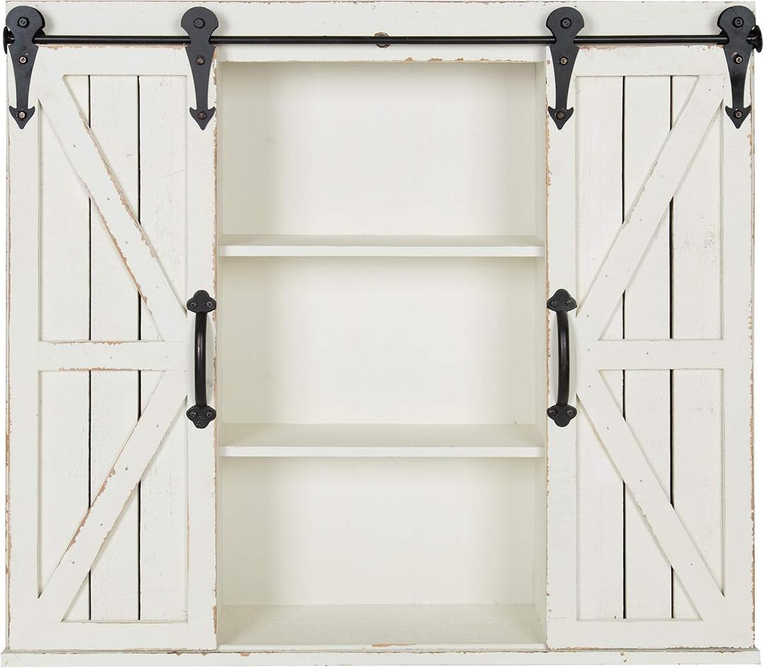 Kate and Laurel Cates Decorative Wall Storage Cabinet with Two Sliding Barn Doors, Rustic White