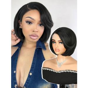 Quantum Love Straight Short Bob Wig Natural Black Side Part Layered Straight Bob Short Wigs for Women Synthetic Hair Glueless Realistic Hairline(Natural Black 10inch)