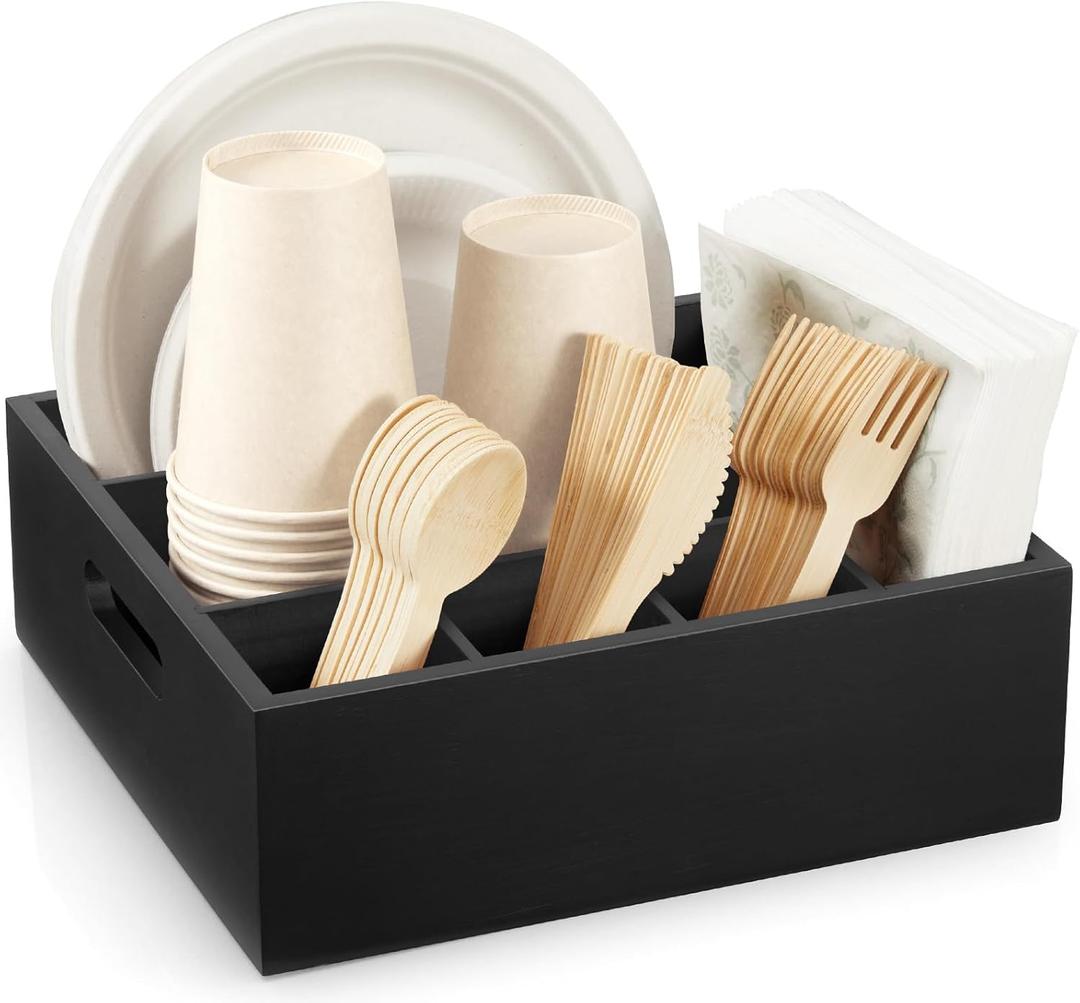 Wood Utensil Holder for Party, 6-Compartment Paper Plate Organizer with Handles, Wooden Silverware Caddy for Picnic, Camping, BBQ, Buffet, and Kitchen Countertop Organization, Black