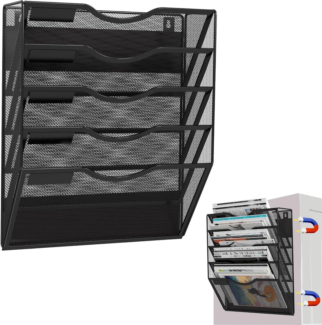 5-Tier Magnetic File Holder, No Drilling Installation File Cabinet Organizer, Black Magnetic File Organizer, Magazine Rack, Magnetic Paper Holder for Refrigerator, File Cabinets, Whiteboard