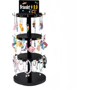 Bracelet Holder, Wooden 3 Tier Rotating Jewelry Display Stand, Tree Stand Vendor Stand Display with Advertising Board, 39 Hooks for Bracelet, Key Chain Display Stand for Store Selling-Black