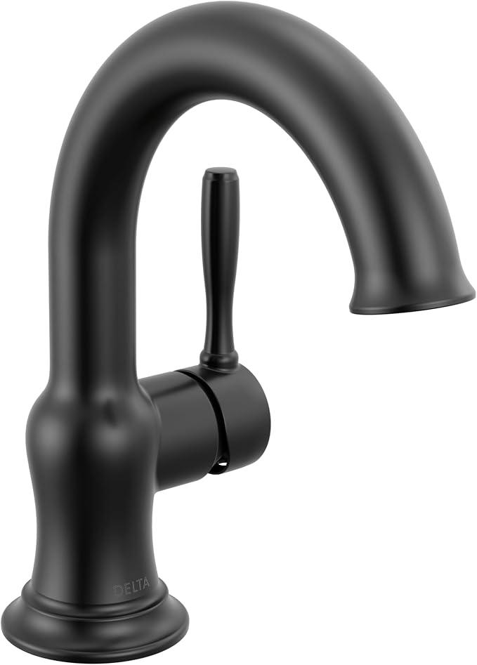Delta Roe Matte Black Bathroom Faucet 1 Hole, Single Hole Bathroom Sink Faucet for Vanity, Push-Pop Drain Assembly, Matte Black 15985LF-BL
