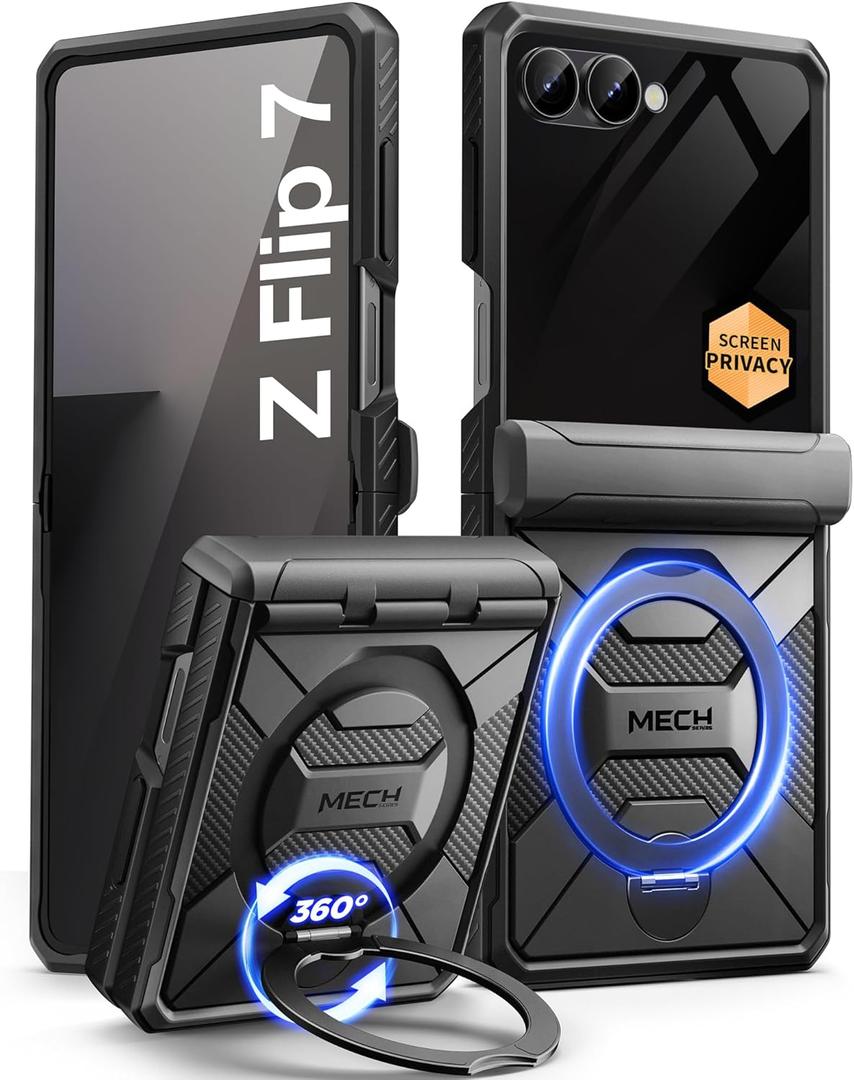 TONGATE 360 Spin Magnetic Stand for Z Flip 7 Case with Privacy Screen Protector, [Compatible with Magsafe] [Anti Spy] Full-Body Shockproof Samsung Galaxy Z Flip 7 Case with Hinge Protection, Black