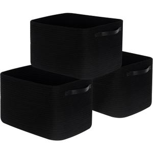 MINTWOOD Design 3-Pack Storage Baskets for Shelves, Decorative Baskets for Organizing, Woven Baskets for Storage, Book Basket Cube Bin Box, Pantry Closet, Shoe Organizer, Black / Black