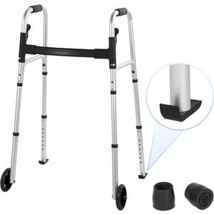 Careboda Folding Walker for Seniors, Lightweight Walker with Front Wheels & Glide Skis, Height Adjustable for Men & Women, 30-37 Inches, Easy to Move and Stable, Supports Up to 300 lbs, Silver