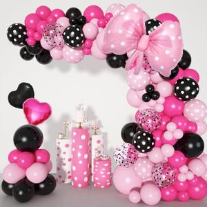 Ouddy Party Pink Mouse Balloon Garland Arch Kit for Cartoon Mouse Theme Birthday Party Decorations Girl Kids, Pink Black Rose Red Bow Foil Balloons Banners for Mouse Baby Shower Party Supplies