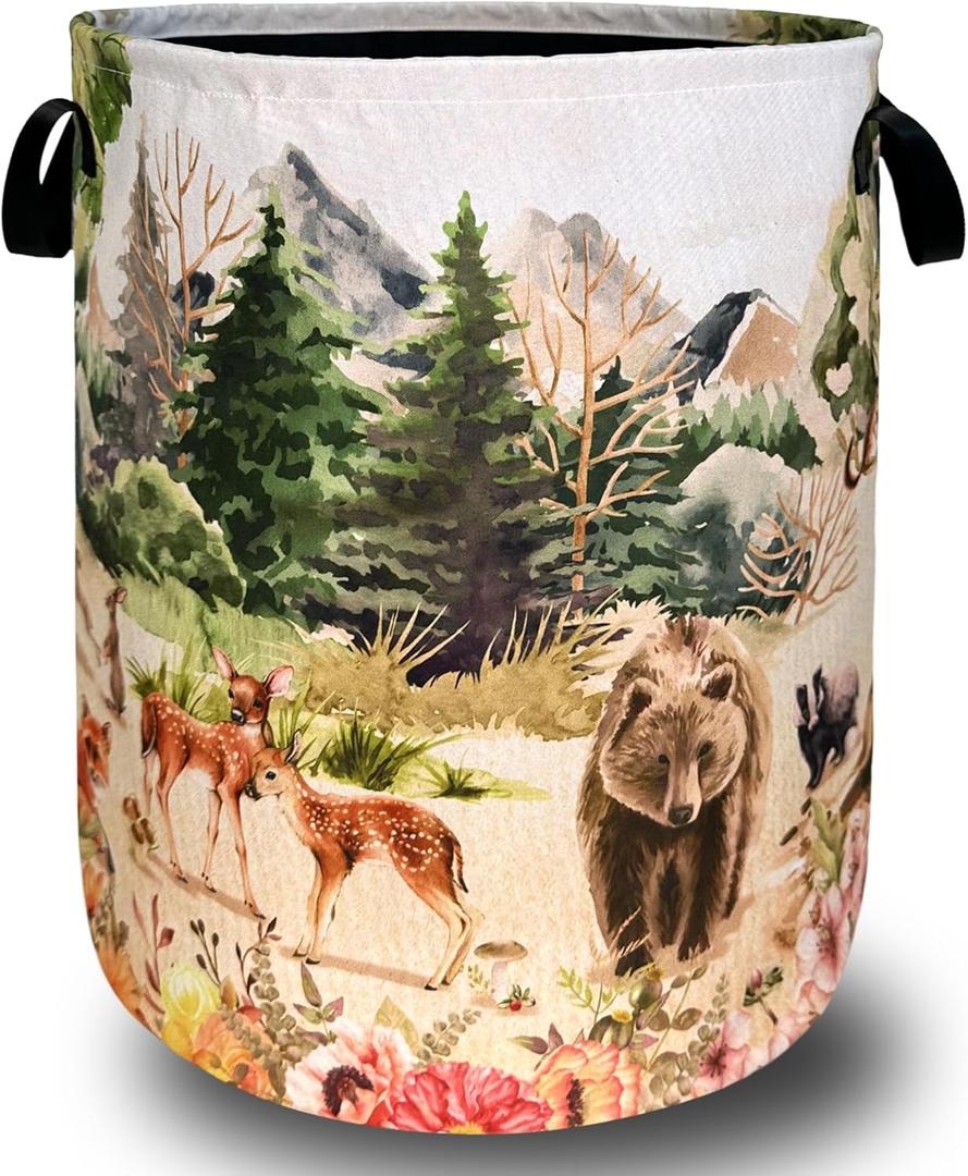 Watercolor Animals Laundry Hamper With Handles Foldable Oxford Cloth Animal Bear Deer Tote Bag Funny Laundry Basket Clothes Toy Storage Bucket Men Women 18.9" x 16.5" For Bathroom/Laundry/Bedroom