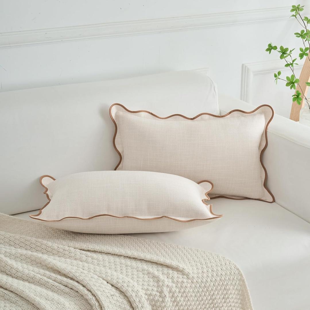 Scalloped Throw Pillow Covers Set of 2 for Living Room, Soft Cotton & Cozy Linen, Boho Sytle Decorative Home (Beige & Khaki, 12x20 Inch)