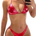 Women Metallic Bikini Swim Sexy Silver Swimsuit Triangle Top and Bottom Set (Large, Red)