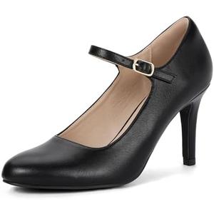 IDIFU IN4 Mary Jane Shoes Closed Toe High Heels Women's Pumps Comfortable Stiletto Ankle Strap Round Toe Dress Shoes for Women Wedding Bridal Work Vintage Classic Pumps Shoes, Size 7.5