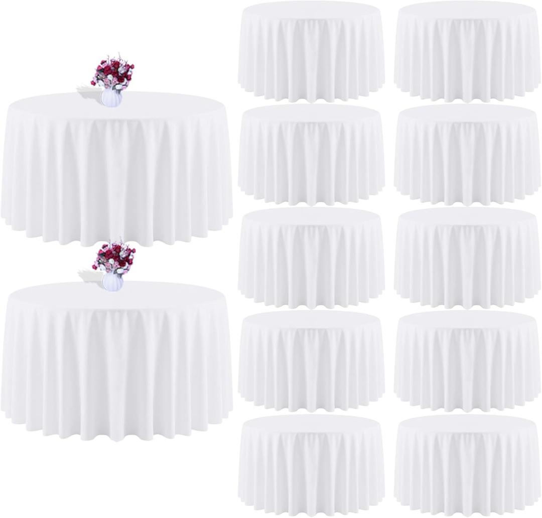 12 Packs 120 Inch White Round Tablecloth in Diameter, Washable Polyester Fabric Tablecloths, Wrinkle Resistant Table Cloth for Wedding Party Banquet Dining