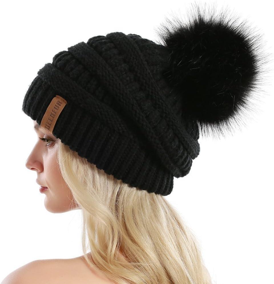 QUEENFUR Women Knit Slouchy Beanie Chunky Baggy Hat with Faux Fur Pompom Winter Soft Warm Ski Cap (A2-black)