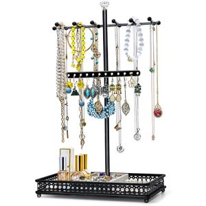 Meangood Jewelry Tree Stand Organizer 3in1 Necklace Organizer Display Bracelet Earrings and Ring Tray Jewelry Holder Hanger MetalBlack