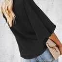 Bluetime Womens Tie Front Tops 3/4 Bell Sleeve V Neck Cute Summer Tops Shirts Casual Chiffon Blouses (Black, XL)