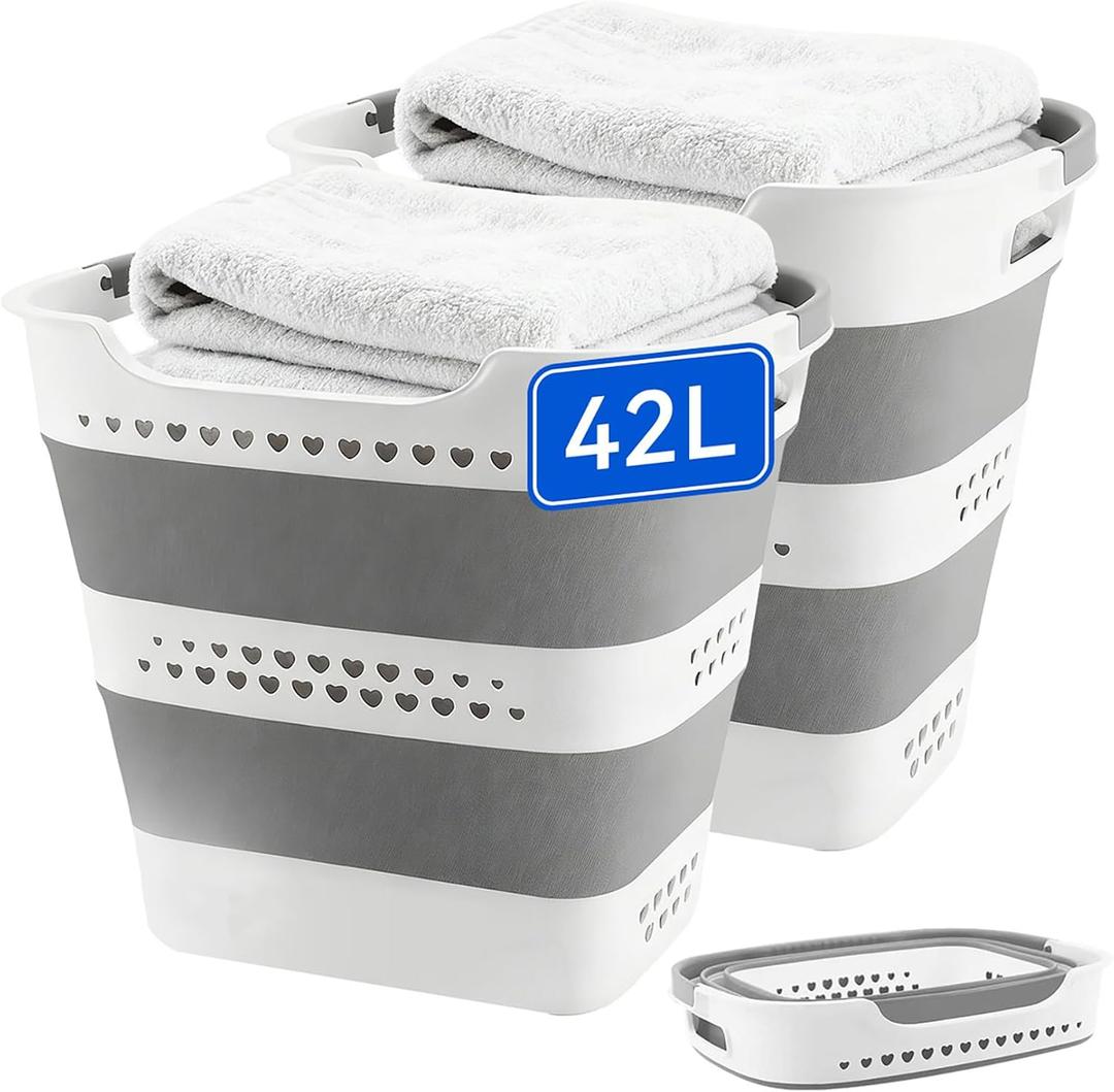 2 Pcs 42L Medium Collapsible Plastic Laundry Basket with Handles, Foldable Laundry Basket Hamper, Pop Up Storage Container Organizer for Washing Storage (Gery, 17 Inch * 13 Inch * 15 Inch), 13.39" x 3.74" x 17.32"