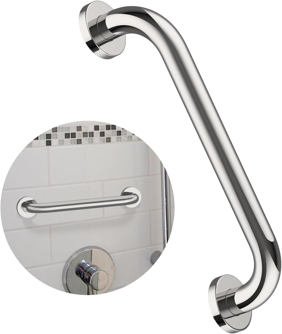 12 Inch Stainless Steel Shower Grab Bar - ZUEXT Shower Handle, Bathroom Balance Bar - Safety Hand Rail Support - Handicap, Elderly, Injury, Senior Assist Bath Handle (w/Self-Adhesive Stick-on Hook) (Chrome)
