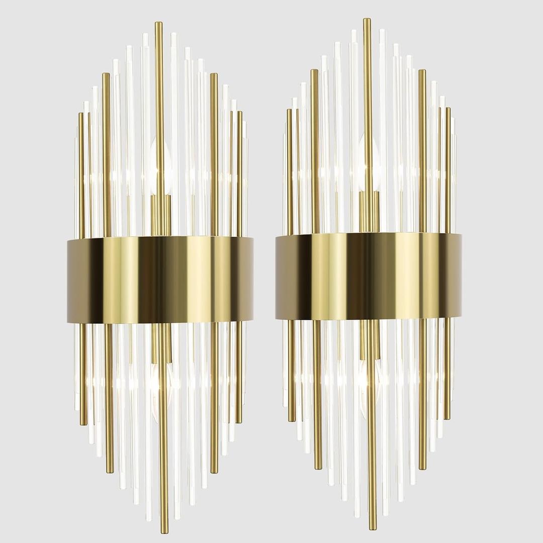 Modern Gold Wall Sconces Set of Two Crystal Sconces Wall Lighting 2-Light Brass Glass Wall Light Fixtures for Bedroom Living Room Bathroom Vanity Mirror Light Fixtures