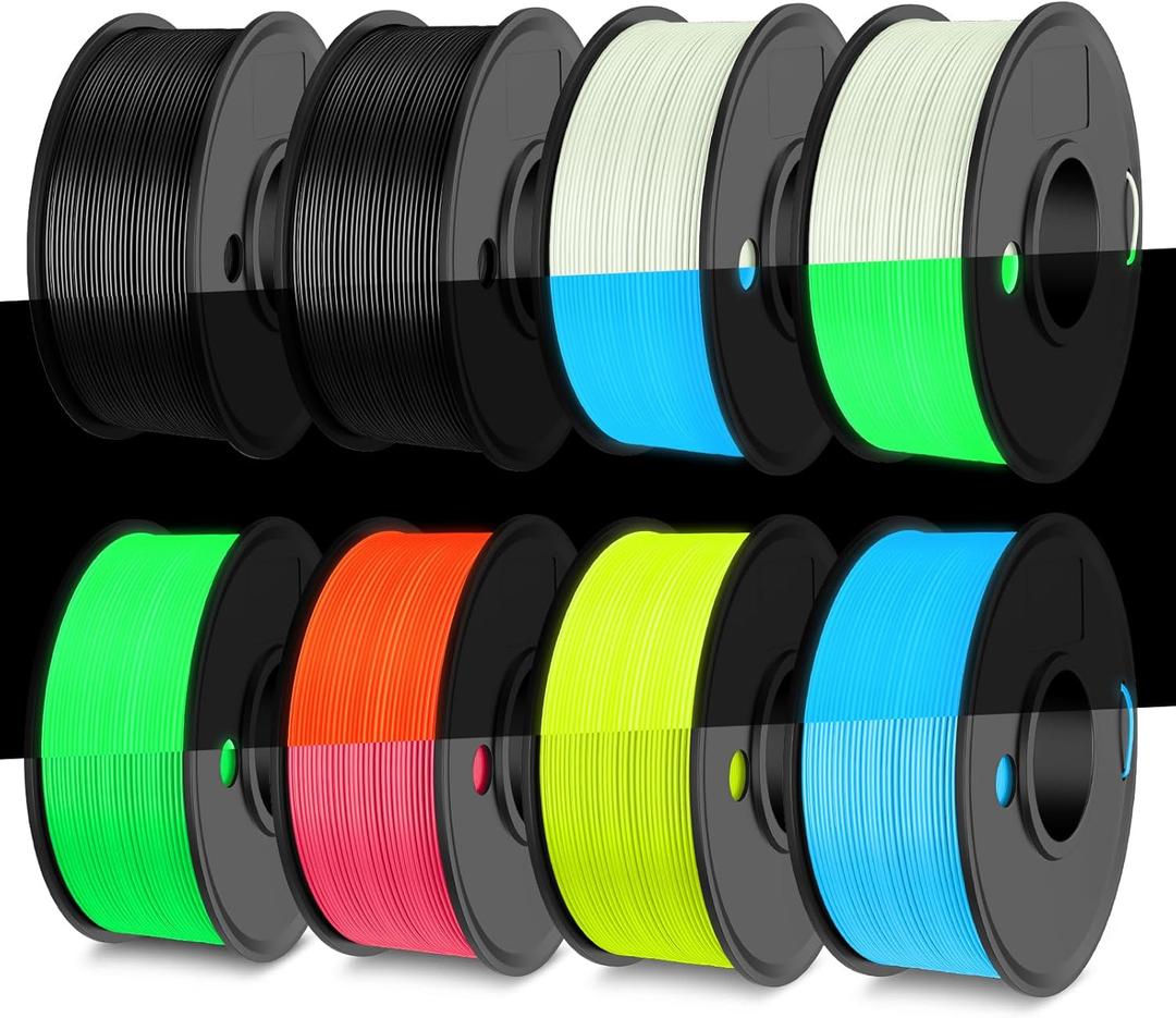 TECBEARS Glow in The Dark Petg FilamentNeatly Wound 3D Printer Filament Bundle250g/Spool, 8 Packs (2 Spool of Black Petg and 6 Spool of Glowing Blue/Green/Red/Yellow)