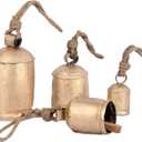 Set of 4 Rustic Cow Bells, Vintage Gold Christmas Large Bells with Jute Rope, Door Hanging Iron Wind Chime Cowbells for Home Decor, Outdoor and Wall Decor (Design 03)