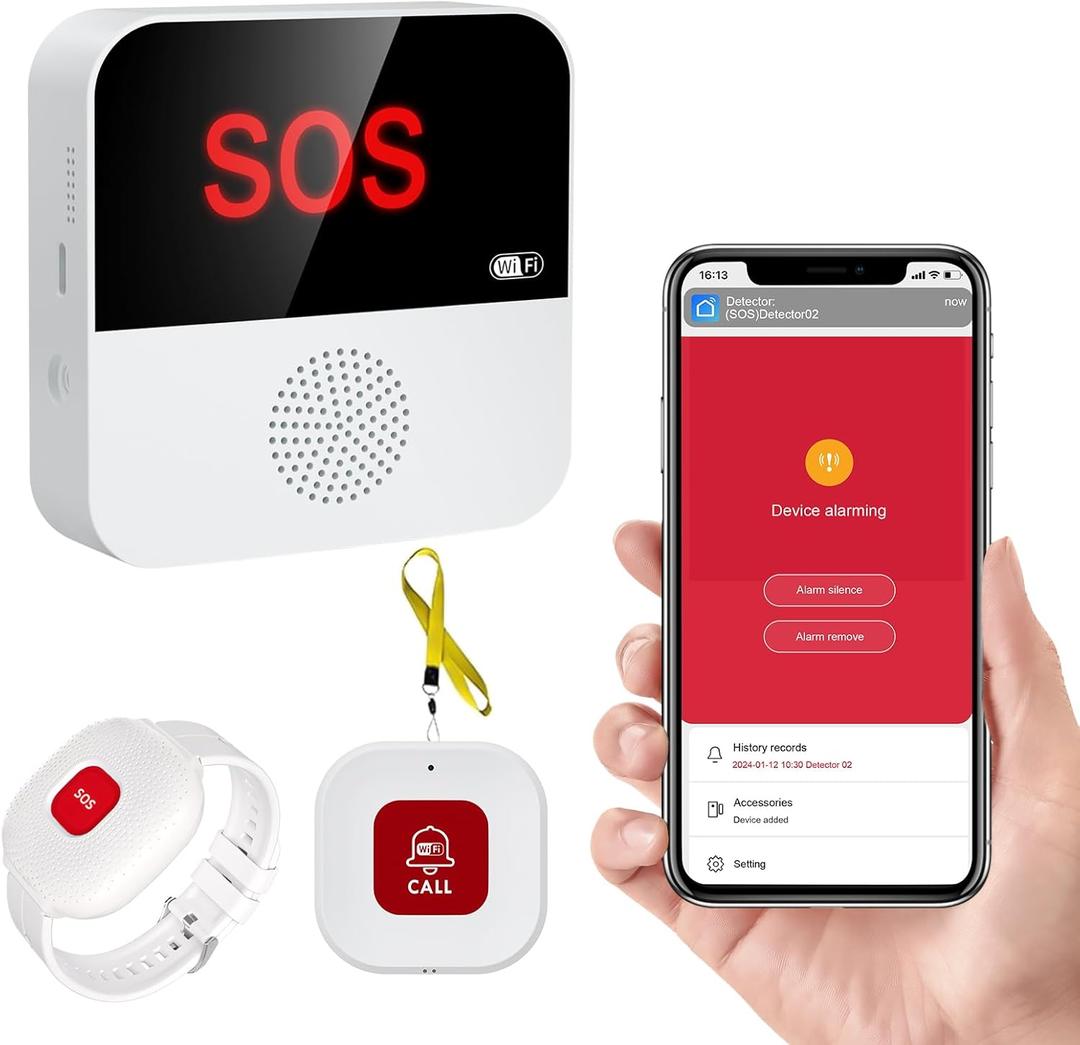 WiFi Pager, Caregiver Pagers Life Alert Systems for Seniors no Monthly Fee, 1 Receiver and 1 SOS Panic Button & 1 Watch Pager, Compatible with Tuya Smart/Smart Life APP
