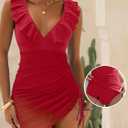 ANRABESS Women One Piece Swimsuits Tummy Control Ruffled Bathing Suit V Neck Mesh Sheer Swim Dress Beach Vacation Swimwear (Red, L)