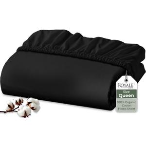 Royale Linens 100% Organic Cotton Fitted Sheet - Percale Weave - Super Soft Deep Pocket Bottom Sheets - Black Elastic Sheet Queen Size - Queen Fitted Sheets Only - (60"x80"+15", Black)
