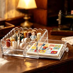 Scalloped Clear Acrylic Organizer 5" x 5" Mini Acrylic Display Tray, Storage Case for Sewing Supplies and Small Jewelry