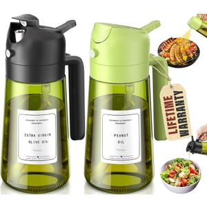 Vakoo 2 in 1 Oil Sprayer and Oil Dispenser for Kitchen - 16oz/470ml Light-Blocking Dark Glass Olive Oil Spray Bottle for Cooking, Air Fryer, Salad & BBQ (Black&Green)