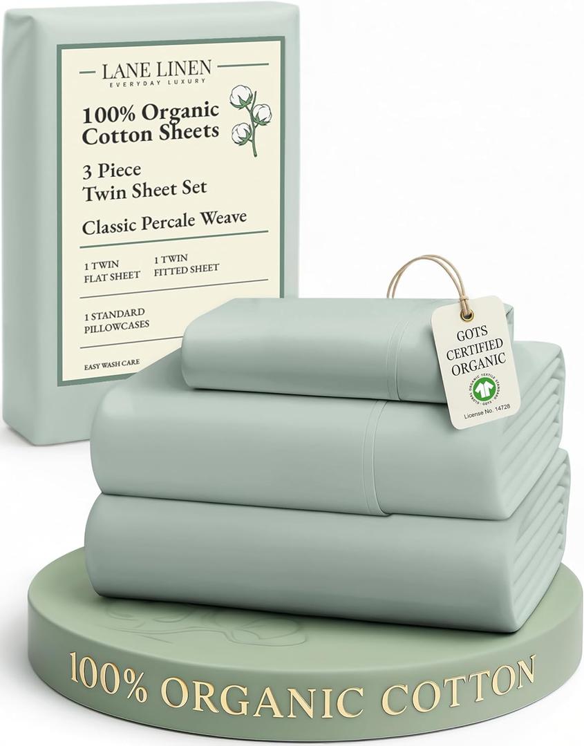 LANE LINEN 100% Organic Cotton Twin Bed Sheet Set, Soft & Comfy Low Pill Fade Resistant Machine Wash Reinforsed French Seam Sustainably Produced Eco Friendly Sbanas Twin- Cool Blue