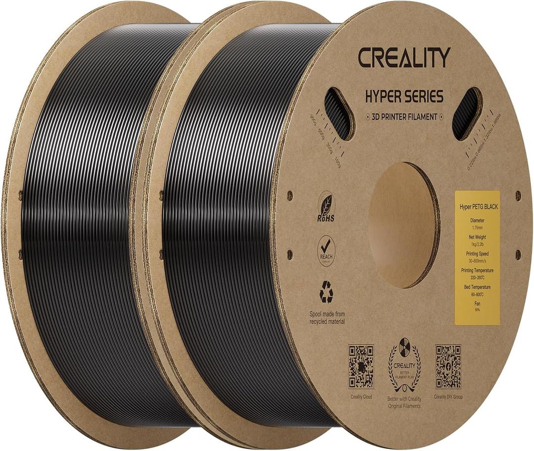 Creality Hyper PETG Filament 1.75mm Bundle 2KG, High-Speed PETG for 30600mm/s Printing, Low Stringing, Strong Layer Adhesion, +/- 0.03mm Accuracy,Fits for Most FDM 3D Printers(Black 2-Pack)