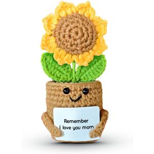 SOL VIBES Mini Sunflower Mom Gifts from Daughter Son Kid, Handmade Crochet Mothers Day Christmas Birthday Gift with Card, Remember I Love You Mom, Positive Emotional Present, Cute Small Stuff Things