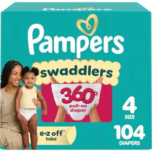 Pampers Diapers - Swaddlers 360° - Size 4, 104 Count, up to 100% Leakproof Comfy Dry Fit, Designed for Easy Changes, Pull On Baby Diaper