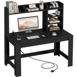 WINAZ 43" Black Gaming Desk with Hutch and Built-in Power Outlet, 42.5"