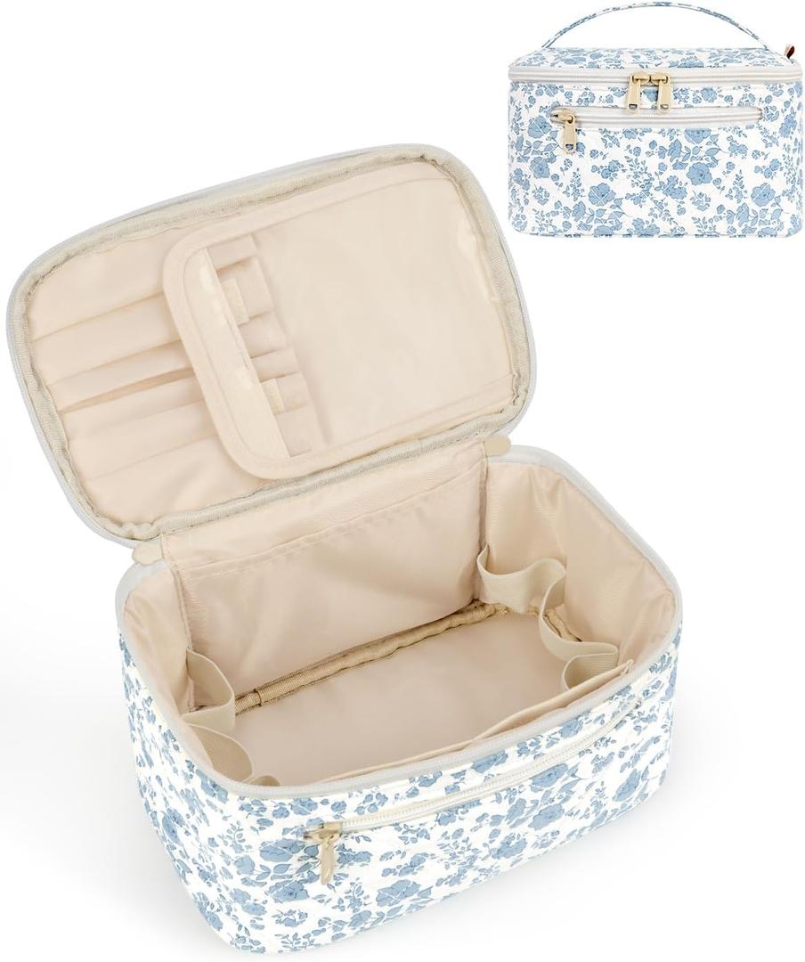Wandering Nature Makeup Bag, Travel Make Up Organizer Cosmetic Brush Bags Case for Women in Quilted Fabric, Blue Flower, Patent Pending (Medium)