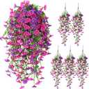 Artificial Hanging Flowers for Outdoors, 5Pcs UV Resistant Faux Petunias, Realistic Fake Silk Long Vines Morning Glory Eucalyptus for Outside Indoor Planter Porch Patio Home Decor, Mix