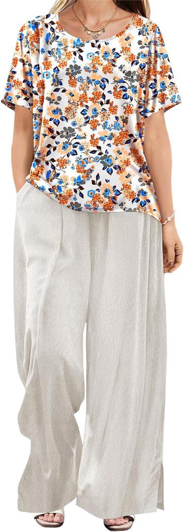 YESNO Women's Casual T-Shirt Summer Short Sleeve Loose Fit Tops Crew Neck Side Slits Tees BEC,Size L, White Color