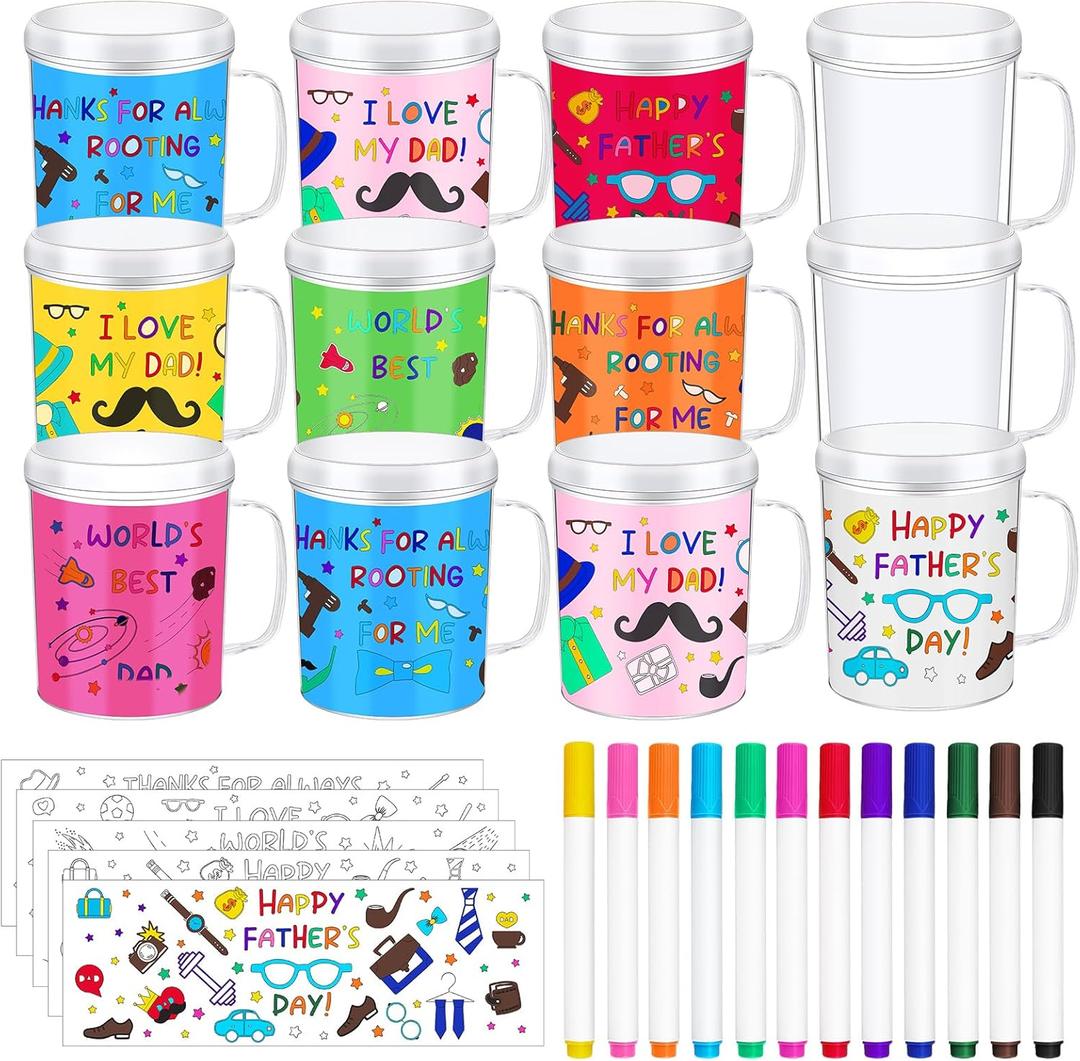 Umigy 12 Set Father's Day DIY Color Your Own Cups Bulk Painting Your Own Mug Craft for Dad 8 oz DIY Drawing Coffee Cup Ideas Father's Day Coloring Party Favors Gifts for Grandpa Home Activities