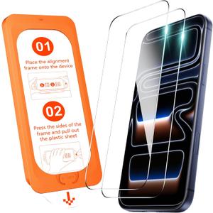 OMOTON Screen Protector for iPhone 17 Pro [Auto-Dust Removal], Tempered Glass with 9H+ Hardness & 12FT Military Grade Shatterproof, Full Coverage Protection, 2 Pack