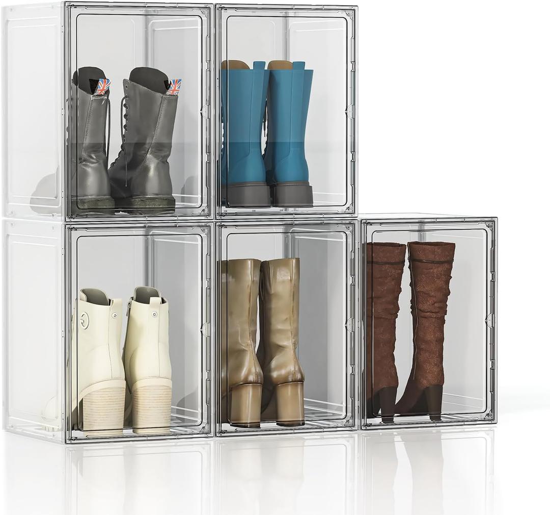 Tall Boot Storage Box 5 Pack Super Large Boot Storage Organizer for Closet, Boots Container Holder Rack, Display Case with Magnetic Door for Shoe, Helmets, Figures, 11x12.6x16.53 inch, White