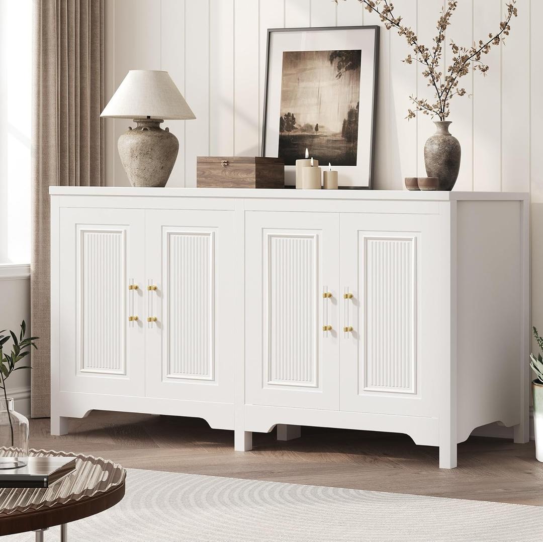 Kitchen Storage Cabinet, 55" White Cabinet with Shelves and Storage, Modern Farmhouse Coffee Bar Station for Dining Room, Kitchen Buffet (55*15.7*32.2)
