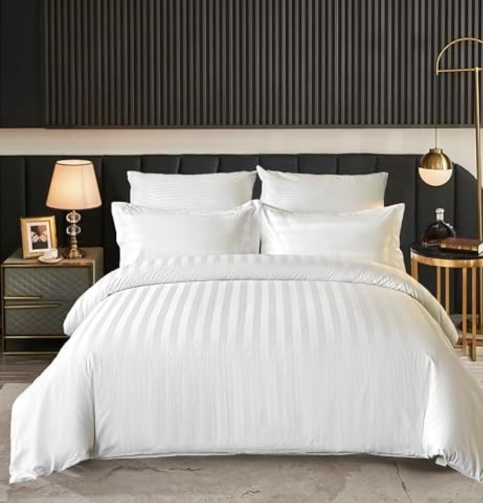 Amolavet Hotel Bedding Duvet Cover King Size Cotton White Satin Striped Textured with Zipper - Duvet Cover King 3 Pcs Set 104x90 - Comforter Cover/Quilt Cover King Size