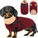 Queenmore Dog Coat, Dog Coats for Small Dogs, Doggy Winter Jacket with Zipper On Back, Waterproof Pet Jacket with Harness Built in, Pet Puffer Coat for Bichon, Schnauzer, Yorkie, Burgundy Small
