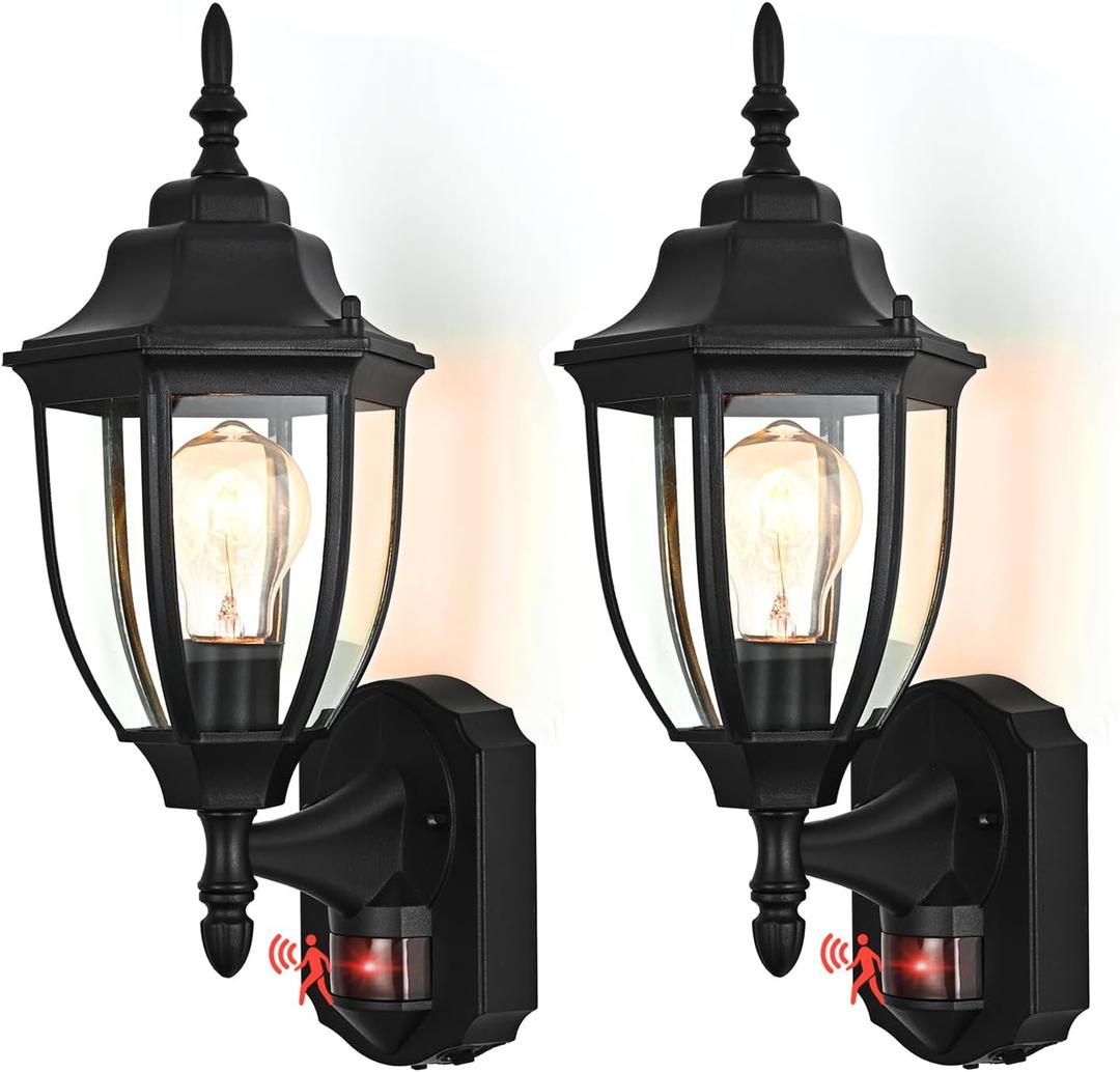 Porch Lights Outdoor Motion Sensor Wall Sconce Anti-Rust Aluminum, Exterior Outdoor Wall Lights Dusk to Dawn Porch Light Fixture Wall Mount for House Outside Patio 2Pack (Black)