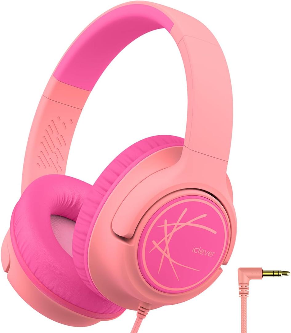 iClever Kids Headphones with Cord, 85dBA Safe Volume Wired Headphones for Kids, Stereo Sound Foldable Adjustable, 3.5mm Jack, Over Ear Kid Headphone for School/Boys/Girls/iPad/Tablet/Travel, Pink2