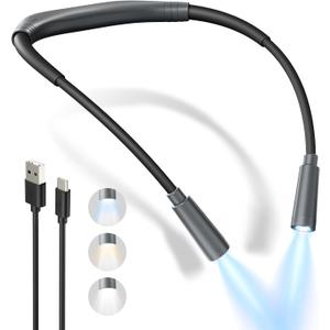 Book Light, 3-Color and Brightness Adjustable Reading Light, Rechargeable and Bendable Round Neck Design, 100hrs Runtime, Perfect Reading Lamp Gifts for Books Lovers, Knitting,Repairing,Working (Gray)