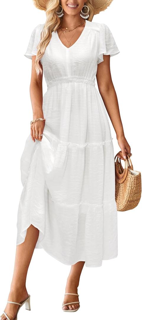 VOTEPRETTY Women's 2026 Summer Boho Maxi Dresses Flutter Short Sleeve V Neck Casual Beach Wedding Guest Vacation Long Dress (Medium, White)