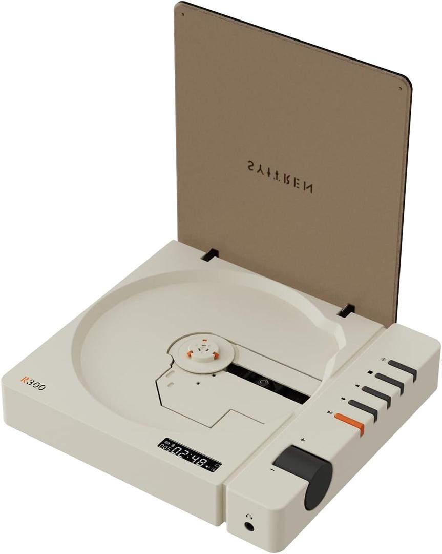 Syitren R300 CD Player Bluetooth Portable Desktop Retro CD Player for Home Fiber Output No Built-in Speaker White Gift (White)