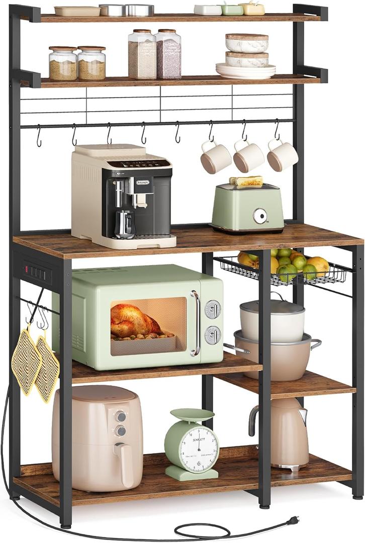VASAGLE Baker's Rack, 35.4 Inches Microwave Stand with Wire Basket, 8 Hooks, 35.4"W x 65.2"H