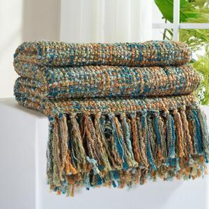 Multi-Color Gold Green Cable Woven Throw Blanket for Couch,50"X60" Boho Style Textured Blankets for Home Decor,Super Soft Warm Cozy Chunky Blanket with Decorative Tassels for Bed